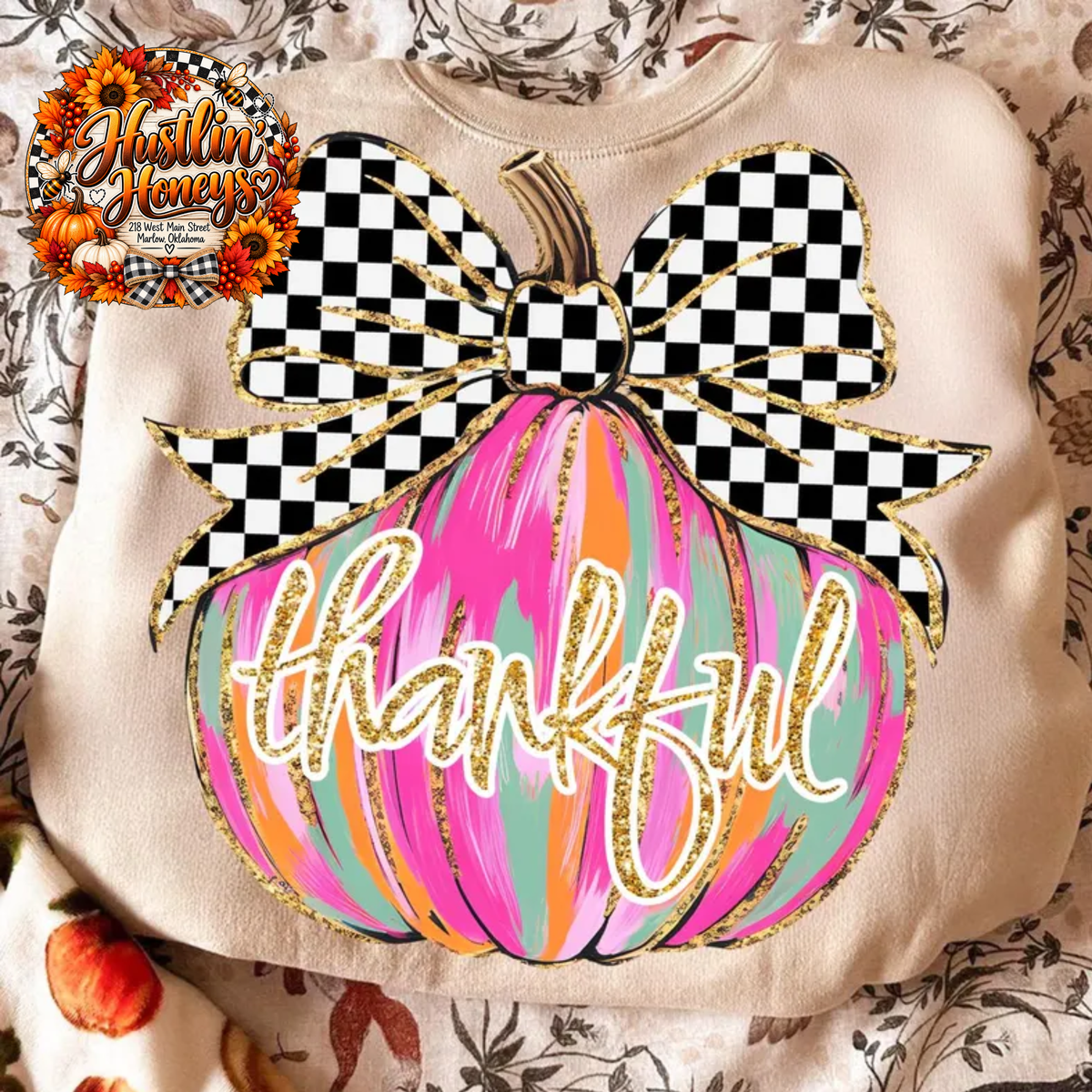 Watercolor Pumpkin with Checkered Bow